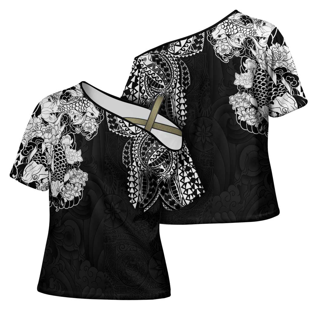 Japanese Irezumi and Hawaiian Polynesian Art Tattoo Cross Shoulder Shirt Black Color - Polynesian Pride