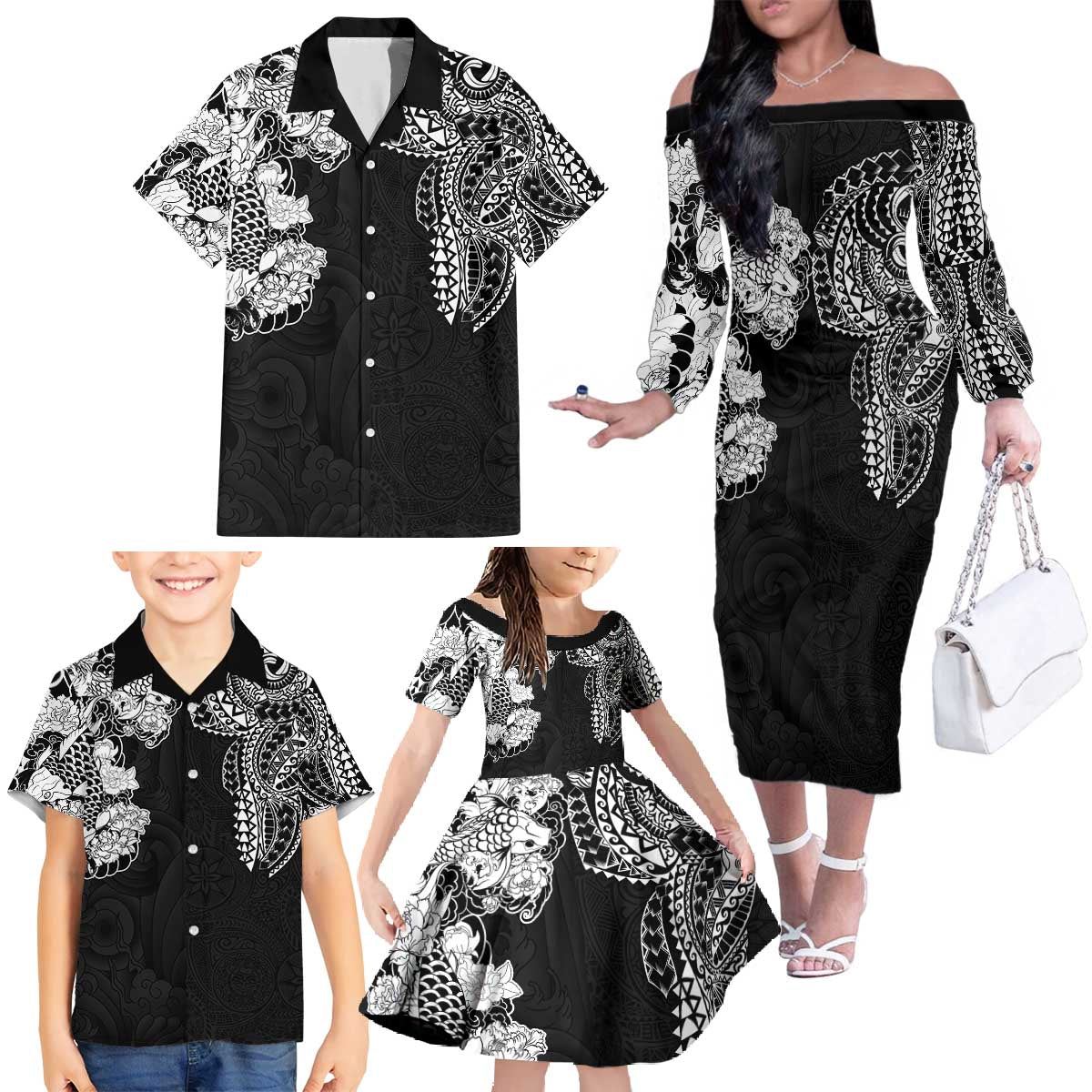 Japanese Irezumi and Hawaiian Polynesian Art Tattoo Family Matching Off The Shoulder Long Sleeve Dress and Hawaiian Shirt Black Color - Polynesian Pride