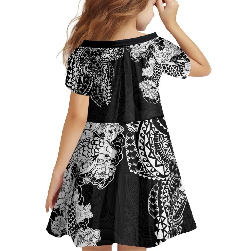 Japanese Irezumi and Hawaiian Polynesian Art Tattoo Family Matching Off Shoulder Maxi Dress and Hawaiian Shirt Black Color - Polynesian Pride