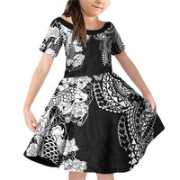 Japanese Irezumi and Hawaiian Polynesian Art Tattoo Family Matching Off Shoulder Short Dress and Hawaiian Shirt Black Color - Polynesian Pride