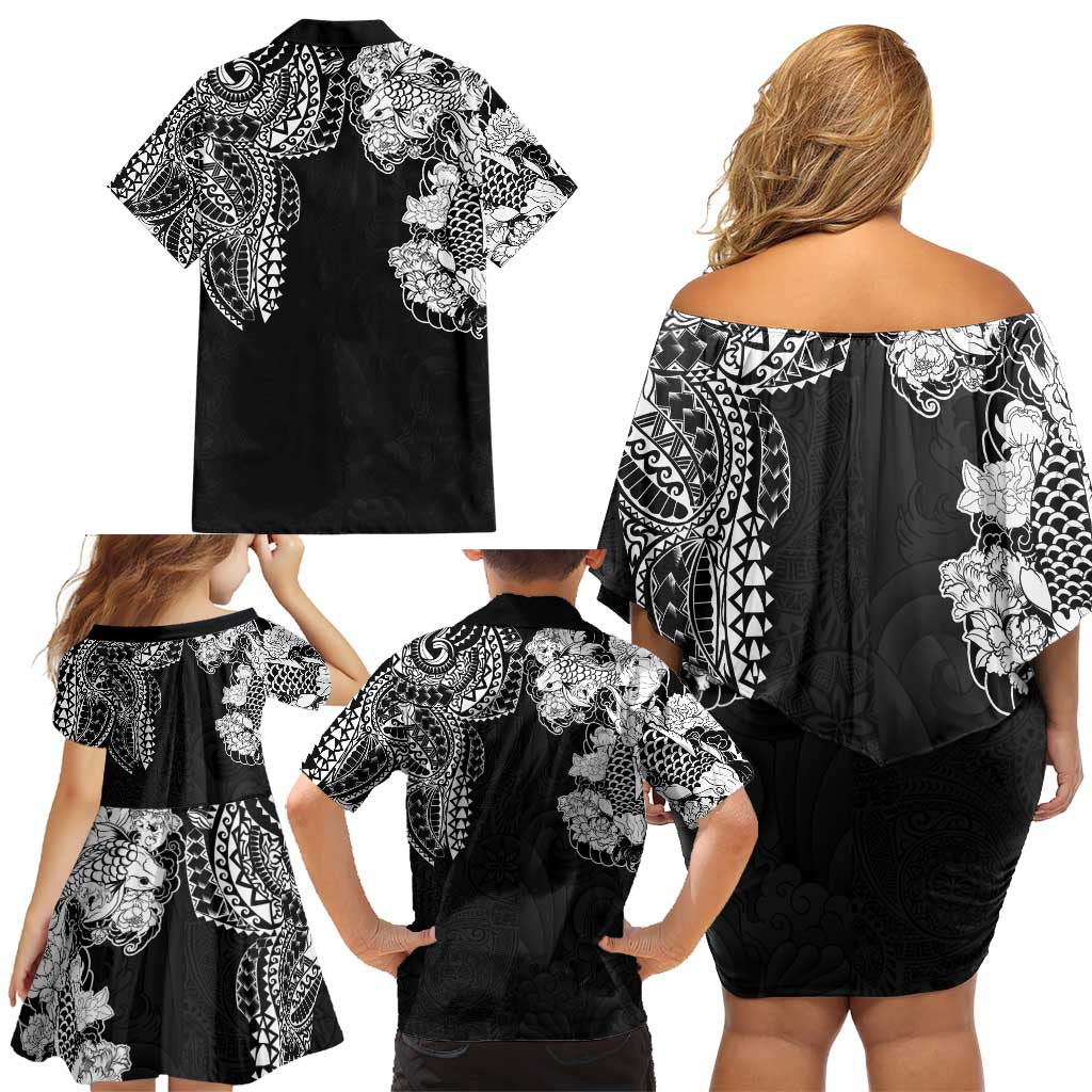 Japanese Irezumi and Hawaiian Polynesian Art Tattoo Family Matching Off Shoulder Short Dress and Hawaiian Shirt Black Color - Polynesian Pride