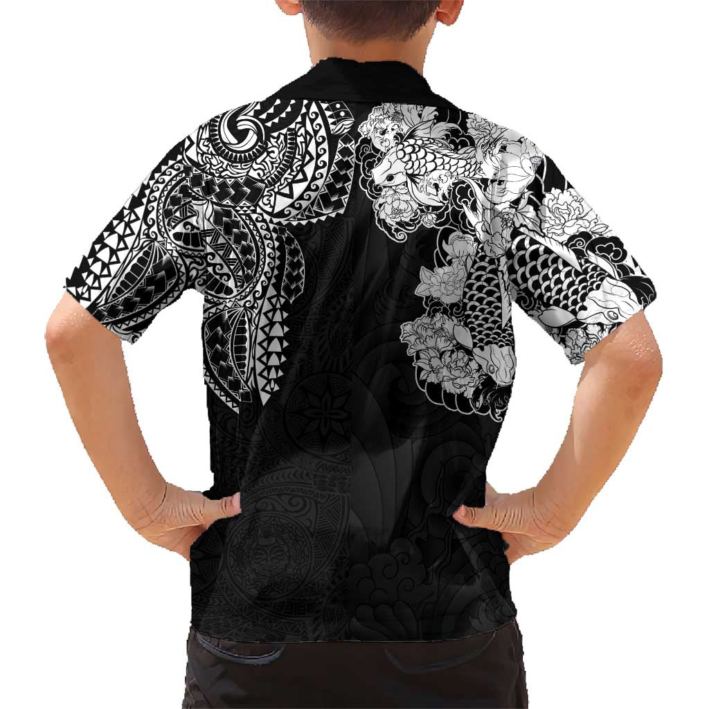 Japanese Irezumi and Hawaiian Polynesian Art Tattoo Family Matching Short Sleeve Bodycon Dress and Hawaiian Shirt Black Color - Polynesian Pride