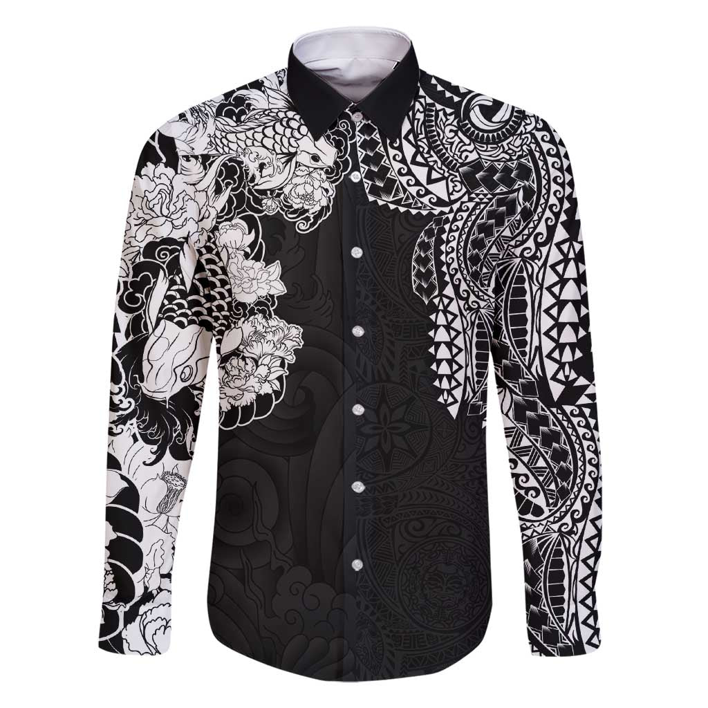 Japanese Irezumi and Hawaiian Polynesian Art Tattoo Family Matching Short Sleeve Bodycon Dress and Hawaiian Shirt Black Color - Polynesian Pride