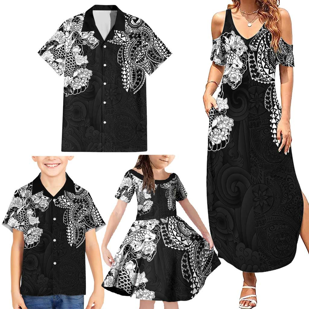 Japanese Irezumi and Hawaiian Polynesian Art Tattoo Family Matching Summer Maxi Dress and Hawaiian Shirt Black Color - Polynesian Pride