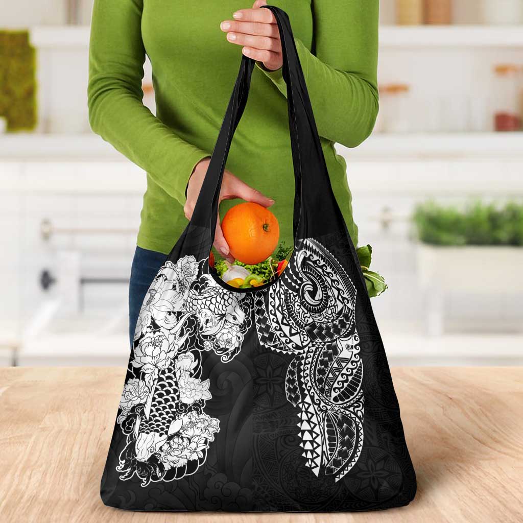 Japanese Irezumi and Hawaiian Polynesian Art Tattoo Grocery Bag Black Color - Polynesian Pride