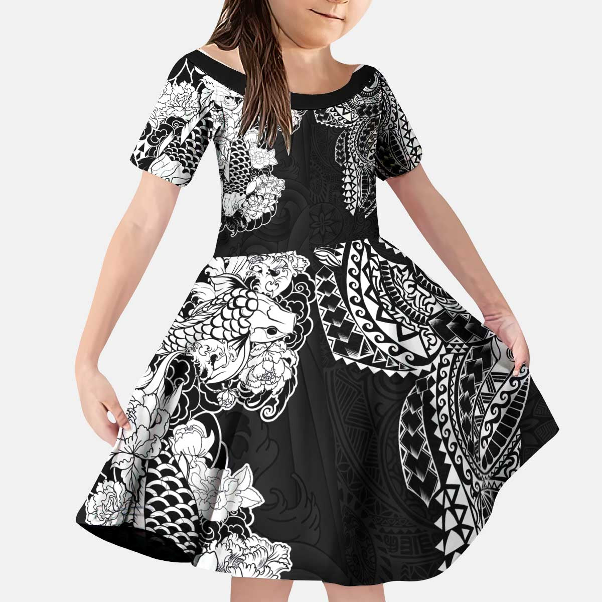 Japanese Irezumi and Hawaiian Polynesian Art Tattoo Kid Short Sleeve Dress Black Color - Polynesian Pride