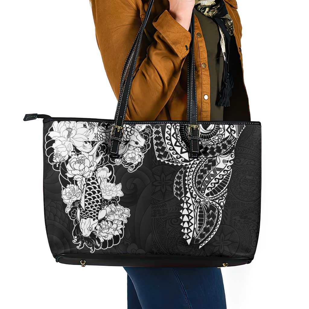 Japanese Irezumi and Hawaiian Polynesian Art Tattoo Leather Tote Bag Black Color - Polynesian Pride