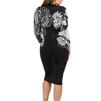 Japanese Irezumi and Hawaiian Polynesian Art Tattoo Long Sleeve Bodycon Dress Black Color - Polynesian Pride