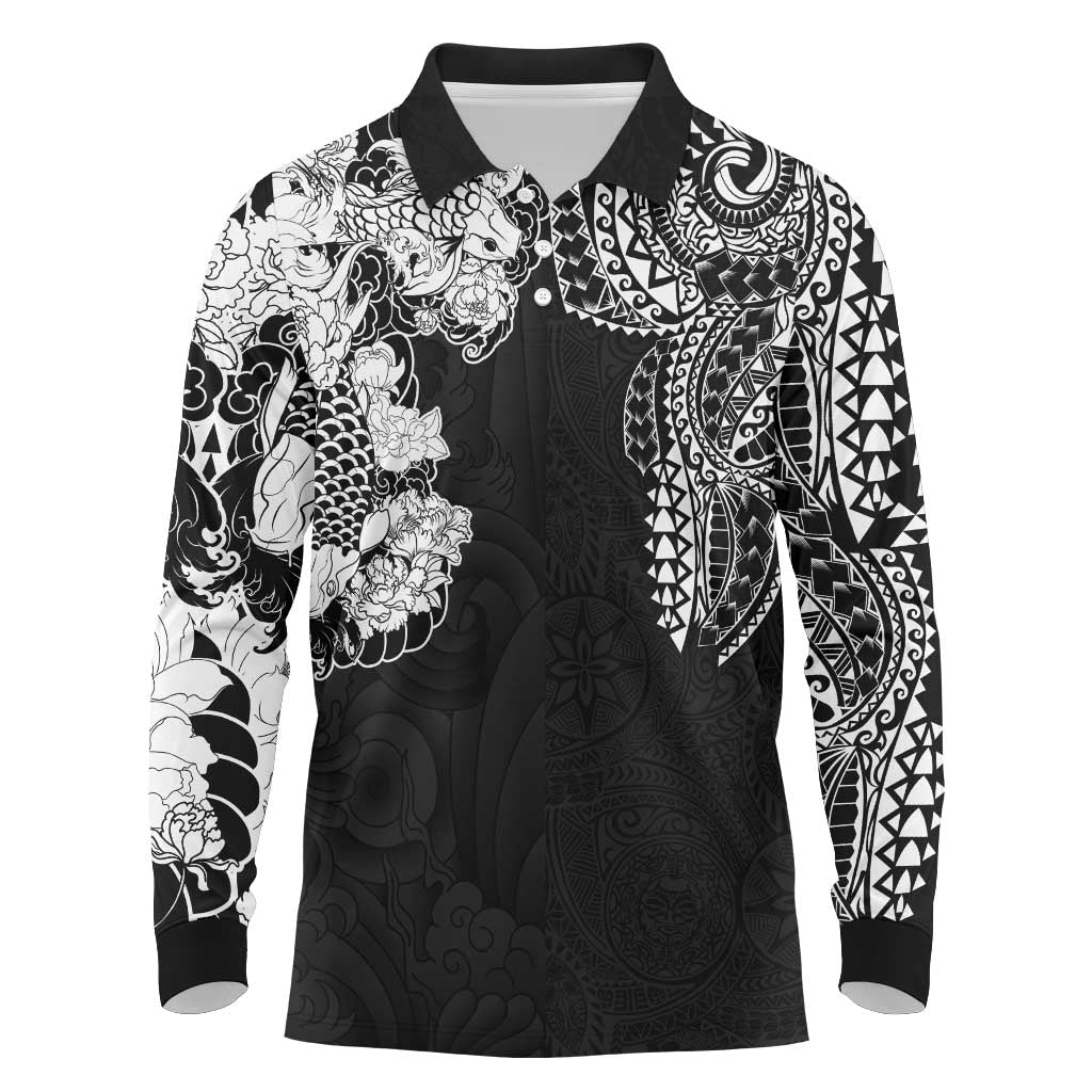 Japanese Irezumi and Hawaiian Polynesian Art Tattoo Long Sleeve Polo Shirt Black Color - Polynesian Pride