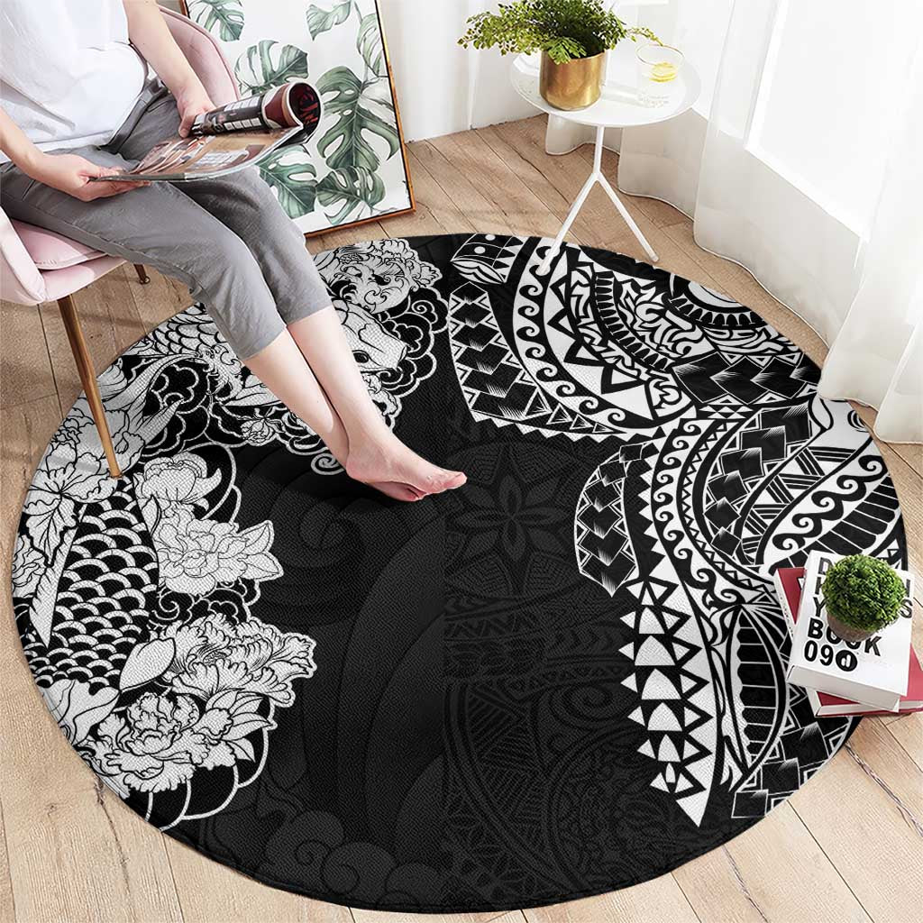Japanese Irezumi and Hawaiian Polynesian Art Tattoo Round Carpet Black Color - Polynesian Pride