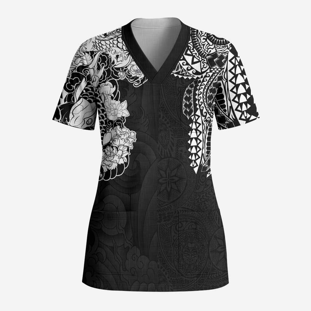 Japanese Irezumi and Hawaiian Polynesian Art Tattoo Scrub Top Black Color LT03 Adult Black - Polynesian Pride