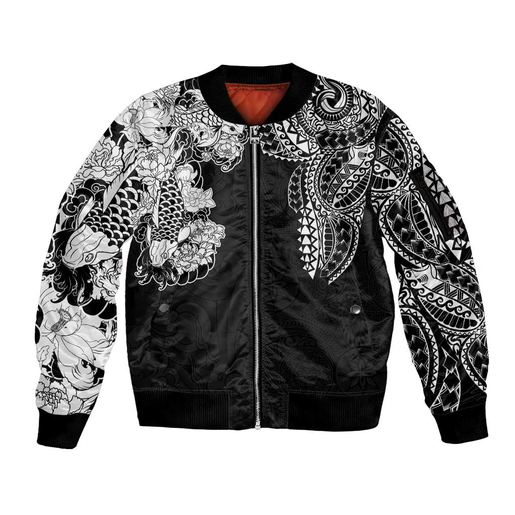 Japanese Irezumi and Hawaiian Polynesian Art Tattoo Sleeve Zip Bomber Jacket Black Color - Polynesian Pride