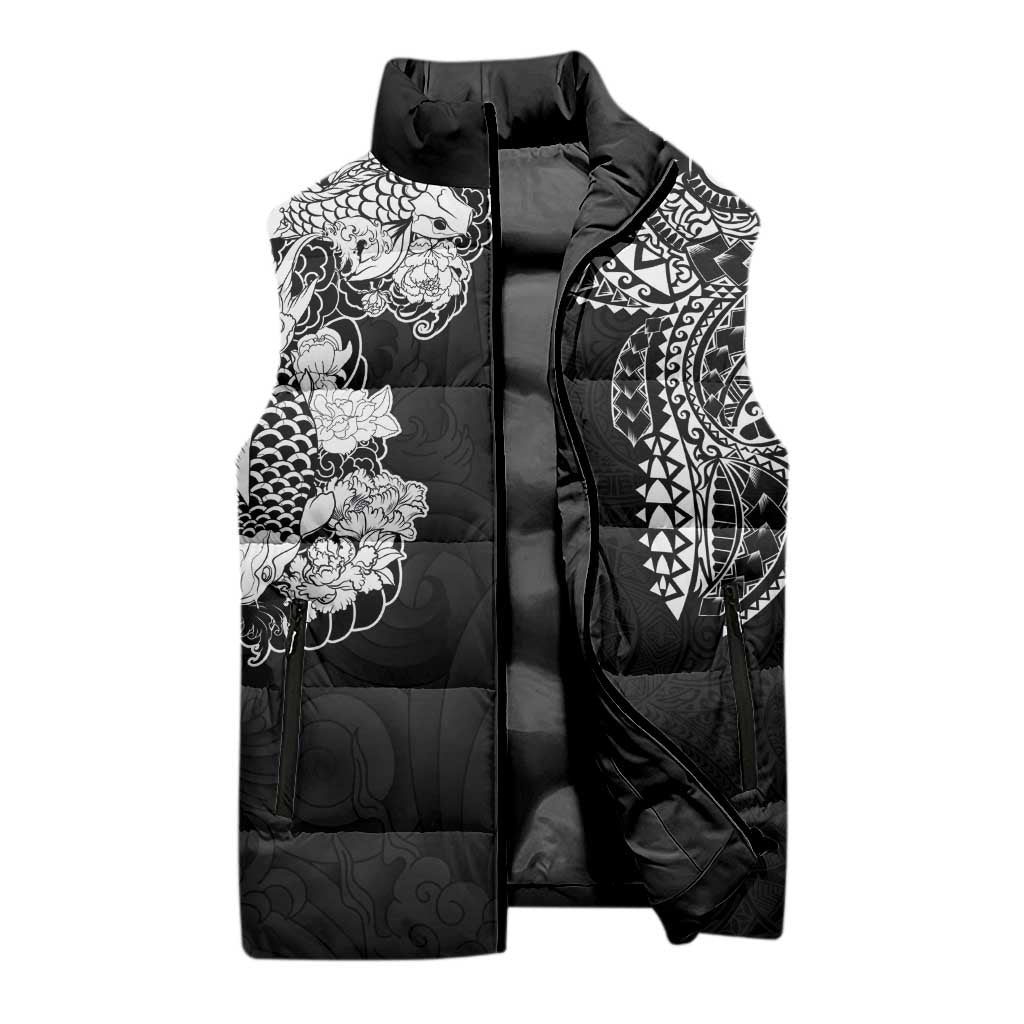 Japanese Irezumi and Hawaiian Polynesian Art Tattoo Sleeveless Puffer Jacket Black Color - Polynesian Pride