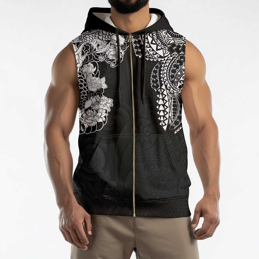 Japanese Irezumi and Hawaiian Polynesian Art Tattoo Sleeveless Zip Hoodie Black Color - Polynesian Pride