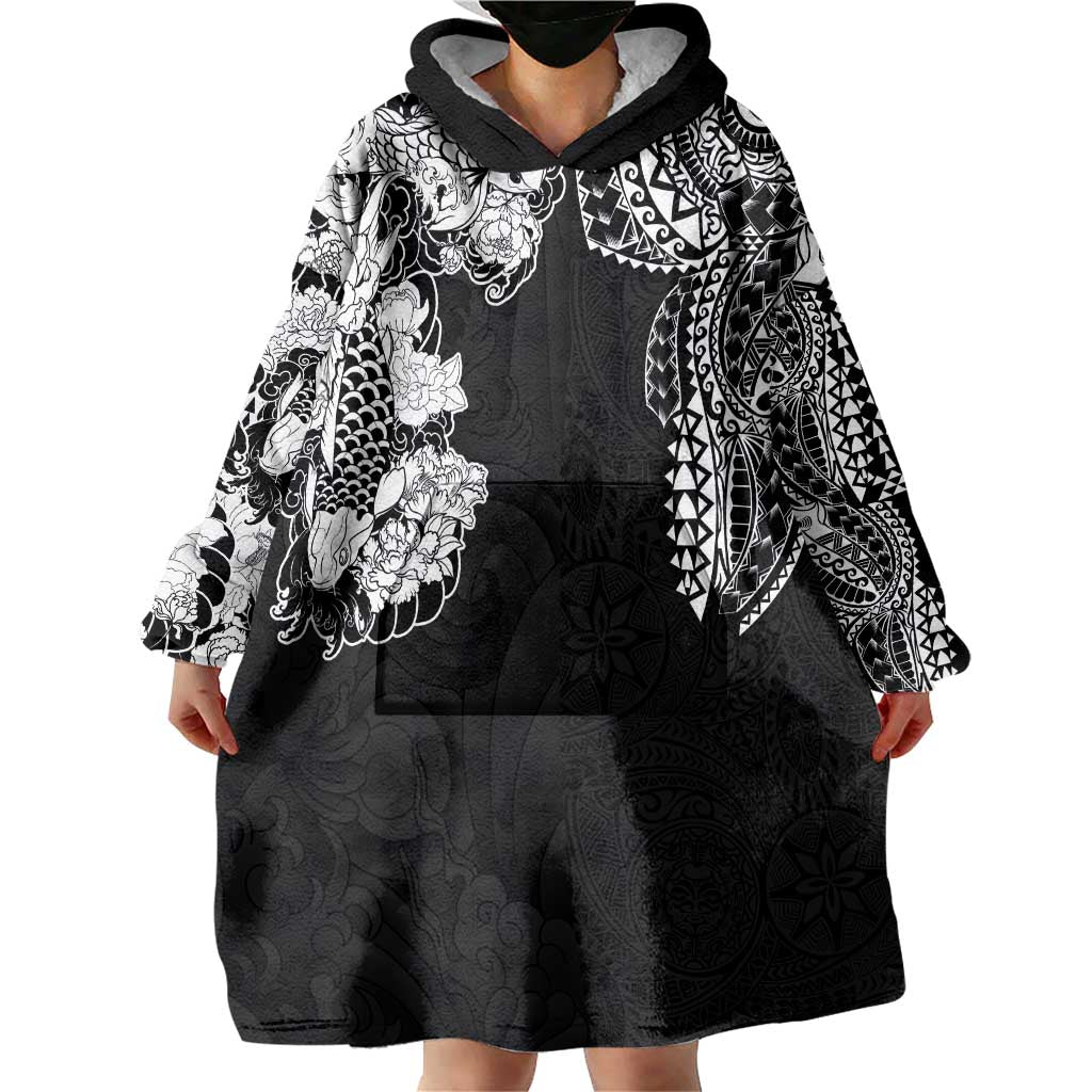 Japanese Irezumi and Hawaiian Polynesian Art Tattoo Wearable Blanket Hoodie Black Color - Polynesian Pride