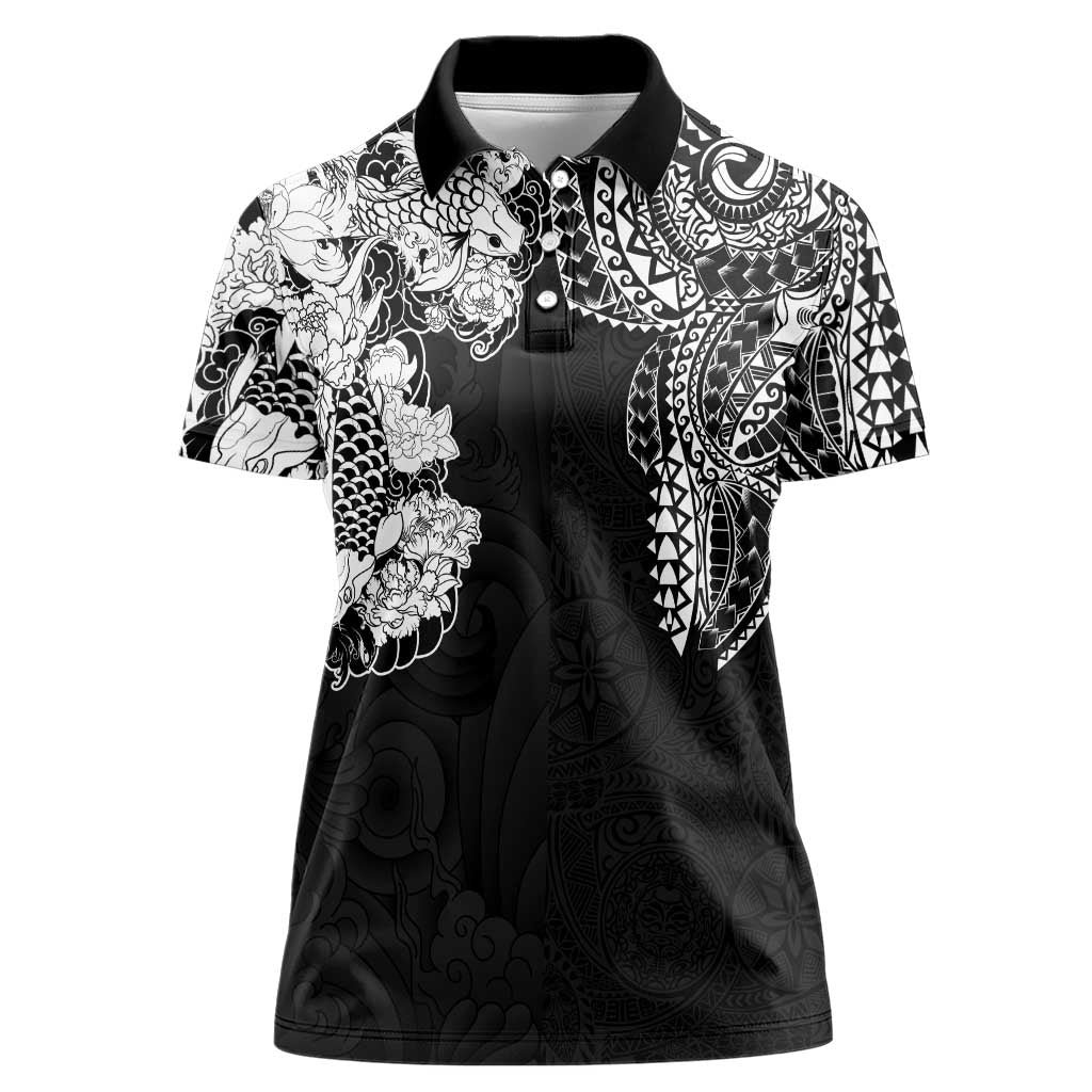 Japanese Irezumi and Hawaiian Polynesian Art Tattoo Women Polo Shirt Black Color - Polynesian Pride