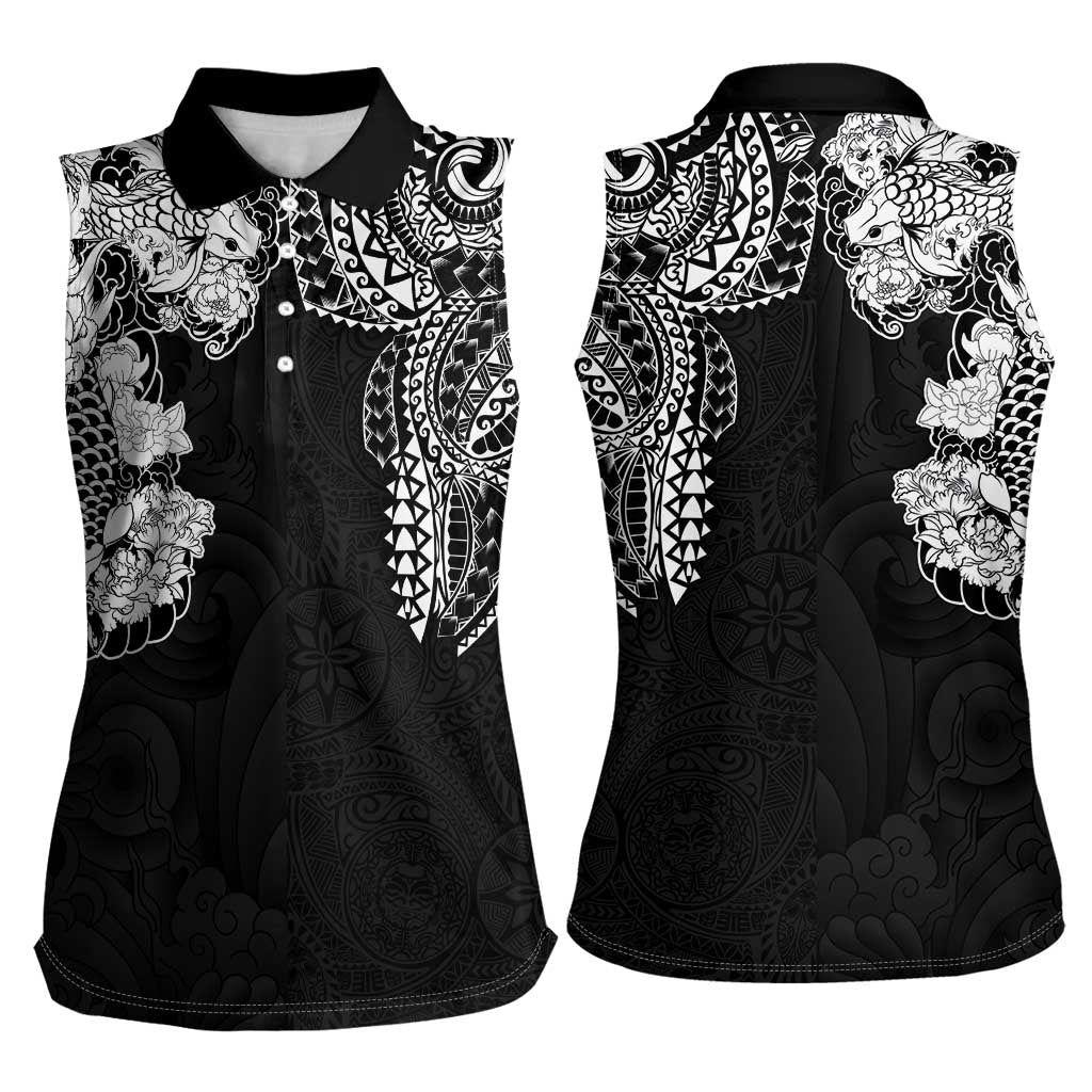 Japanese Irezumi and Hawaiian Polynesian Art Tattoo Women Sleeveless Polo Shirt Black Color - Polynesian Pride