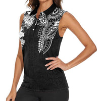 Japanese Irezumi and Hawaiian Polynesian Art Tattoo Women Sleeveless Polo Shirt Black Color - Polynesian Pride