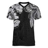 Japanese Irezumi and Hawaiian Polynesian Art Tattoo Women V-Neck T-Shirt Black Color - Polynesian Pride