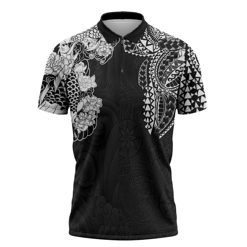 Japanese Irezumi and Hawaiian Polynesian Art Tattoo Zipper Polo Shirt Black Color - Polynesian Pride