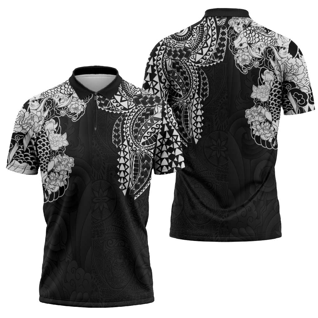 Japanese Irezumi and Hawaiian Polynesian Art Tattoo Zipper Polo Shirt Black Color - Polynesian Pride