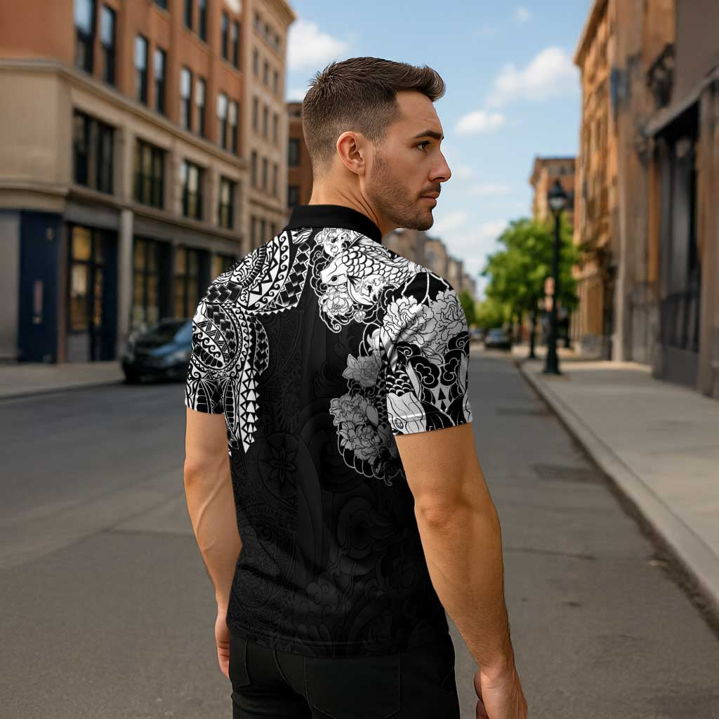 Japanese Irezumi and Hawaiian Polynesian Art Tattoo Zipper Polo Shirt Black Color - Polynesian Pride