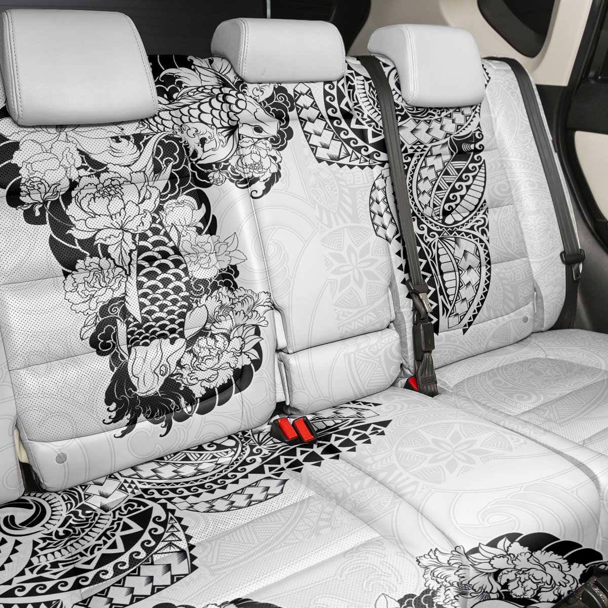 Japanese Irezumi and Hawaiian Polynesian Art Tattoo Back Car Seat Cover White Color - Polynesian Pride