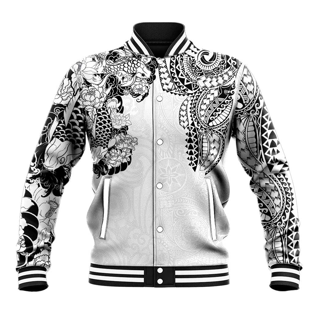 Japanese Irezumi and Hawaiian Polynesian Art Tattoo Baseball Jacket White Color - Polynesian Pride