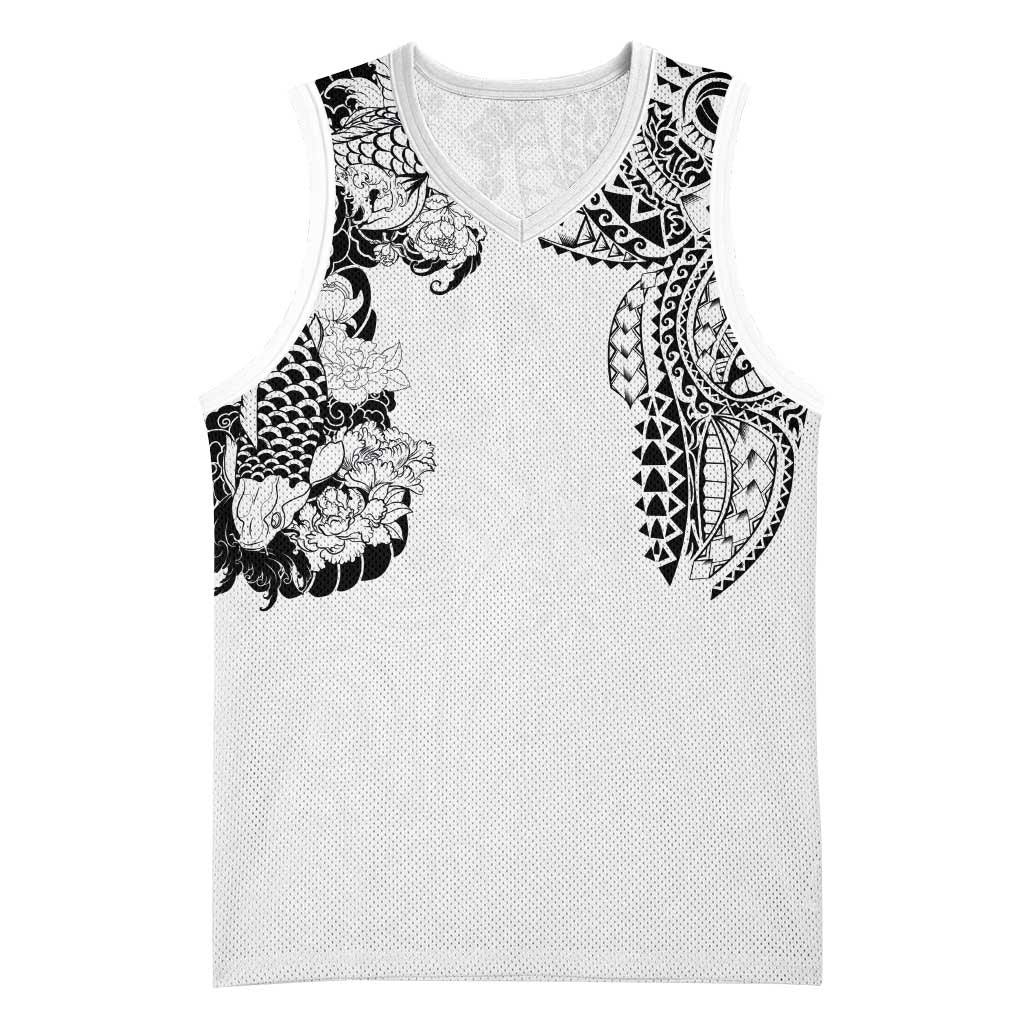 Japanese Irezumi and Hawaiian Polynesian Art Tattoo Basketball Jersey White Color - Polynesian Pride