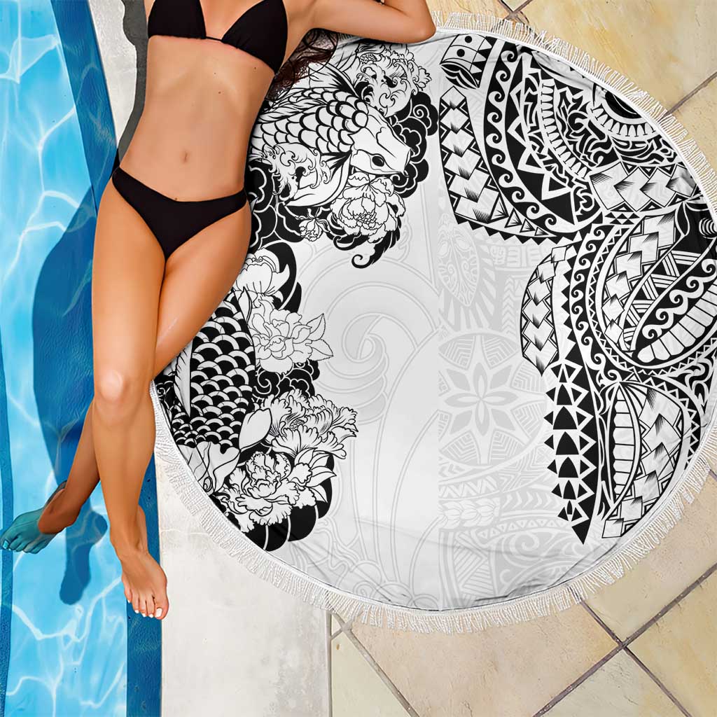 Japanese Irezumi and Hawaiian Polynesian Art Tattoo Beach Blanket White Color - Polynesian Pride