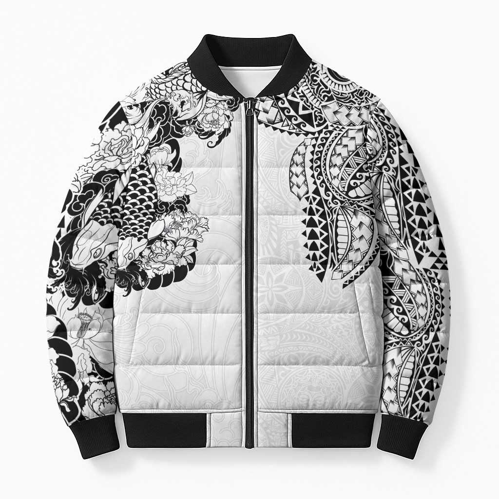 Japanese Irezumi and Hawaiian Polynesian Art Tattoo Bomber Puffer Jacket White Color - Polynesian Pride