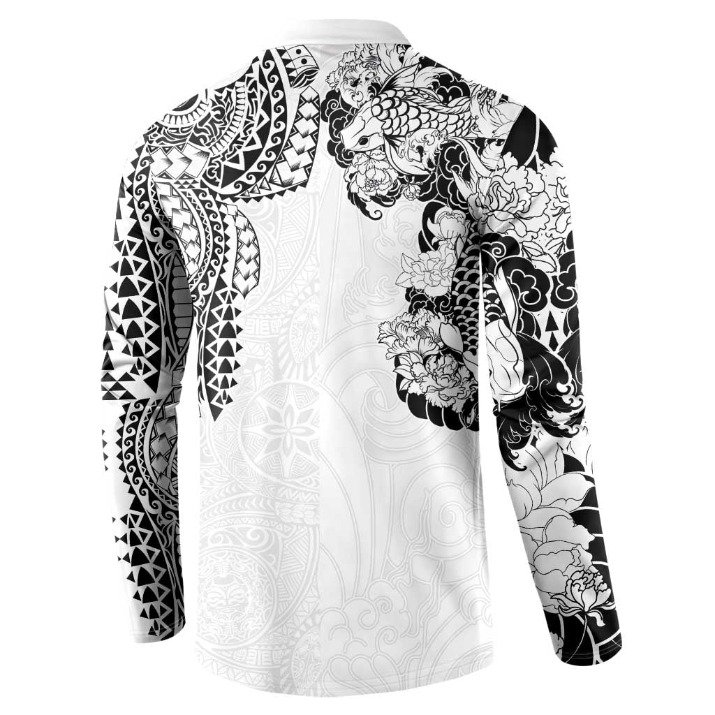 Japanese Irezumi and Hawaiian Polynesian Art Tattoo Button Sweatshirt White Color - Polynesian Pride