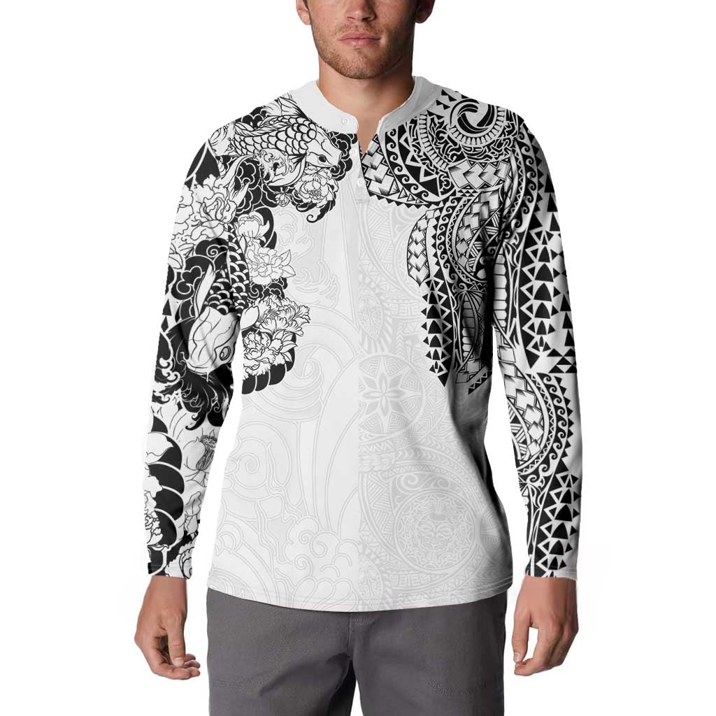 Japanese Irezumi and Hawaiian Polynesian Art Tattoo Button Sweatshirt White Color - Polynesian Pride