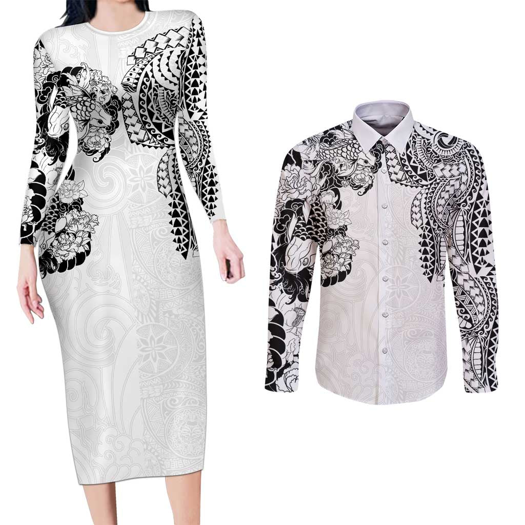 Japanese Irezumi and Hawaiian Polynesian Art Tattoo Couples Matching Long Sleeve Bodycon Dress and Long Sleeve Button Shirt White Color - Polynesian Pride