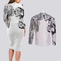 Japanese Irezumi and Hawaiian Polynesian Art Tattoo Couples Matching Long Sleeve Bodycon Dress and Long Sleeve Button Shirt White Color - Polynesian Pride