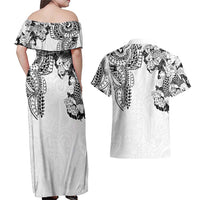 Japanese Irezumi and Hawaiian Polynesian Art Tattoo Couples Matching Off Shoulder Maxi Dress and Hawaiian Shirt White Color - Polynesian Pride