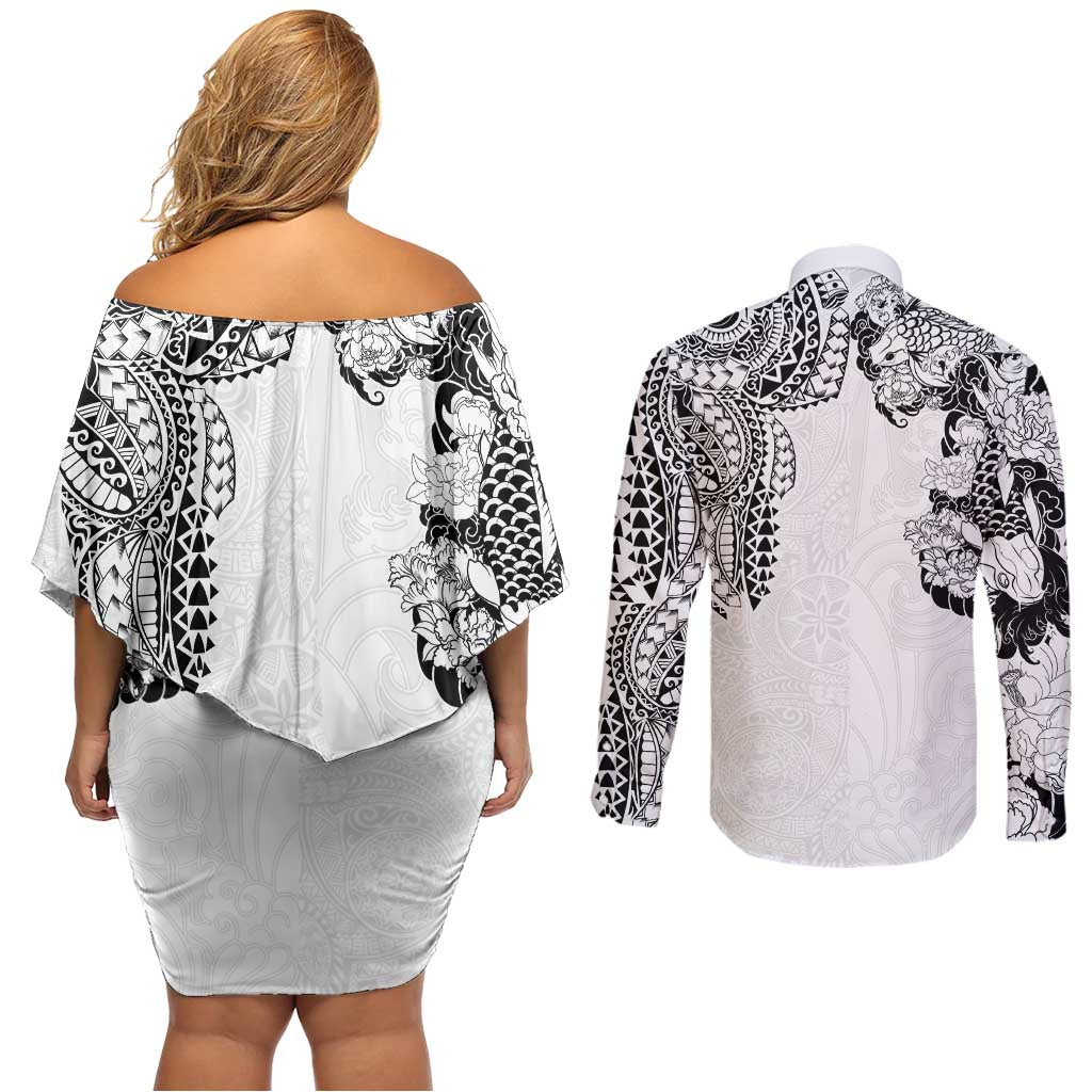 Japanese Irezumi and Hawaiian Polynesian Art Tattoo Couples Matching Off Shoulder Short Dress and Long Sleeve Button Shirt White Color - Polynesian Pride