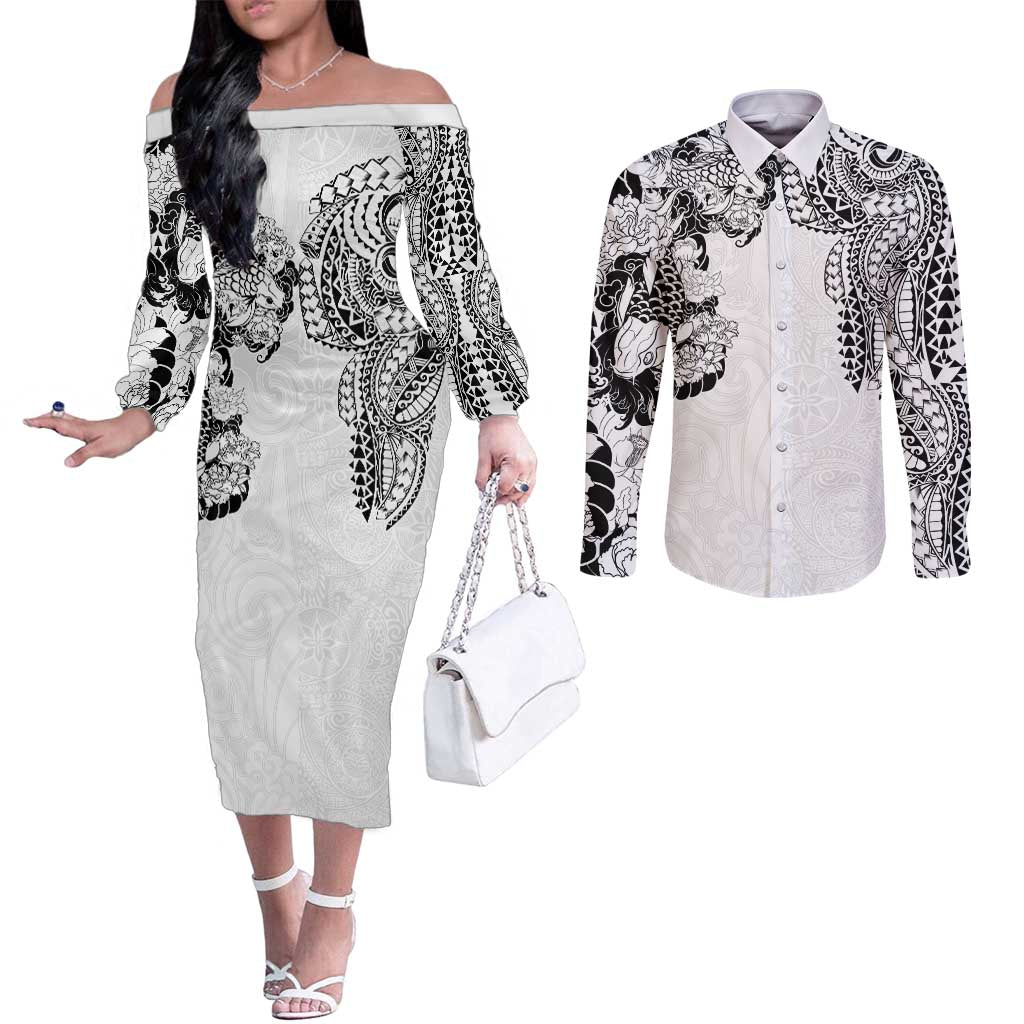 Japanese Irezumi and Hawaiian Polynesian Art Tattoo Couples Matching Off The Shoulder Long Sleeve Dress and Long Sleeve Button Shirt White Color - Polynesian Pride