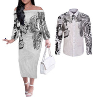 Japanese Irezumi and Hawaiian Polynesian Art Tattoo Couples Matching Off The Shoulder Long Sleeve Dress and Long Sleeve Button Shirt White Color - Polynesian Pride