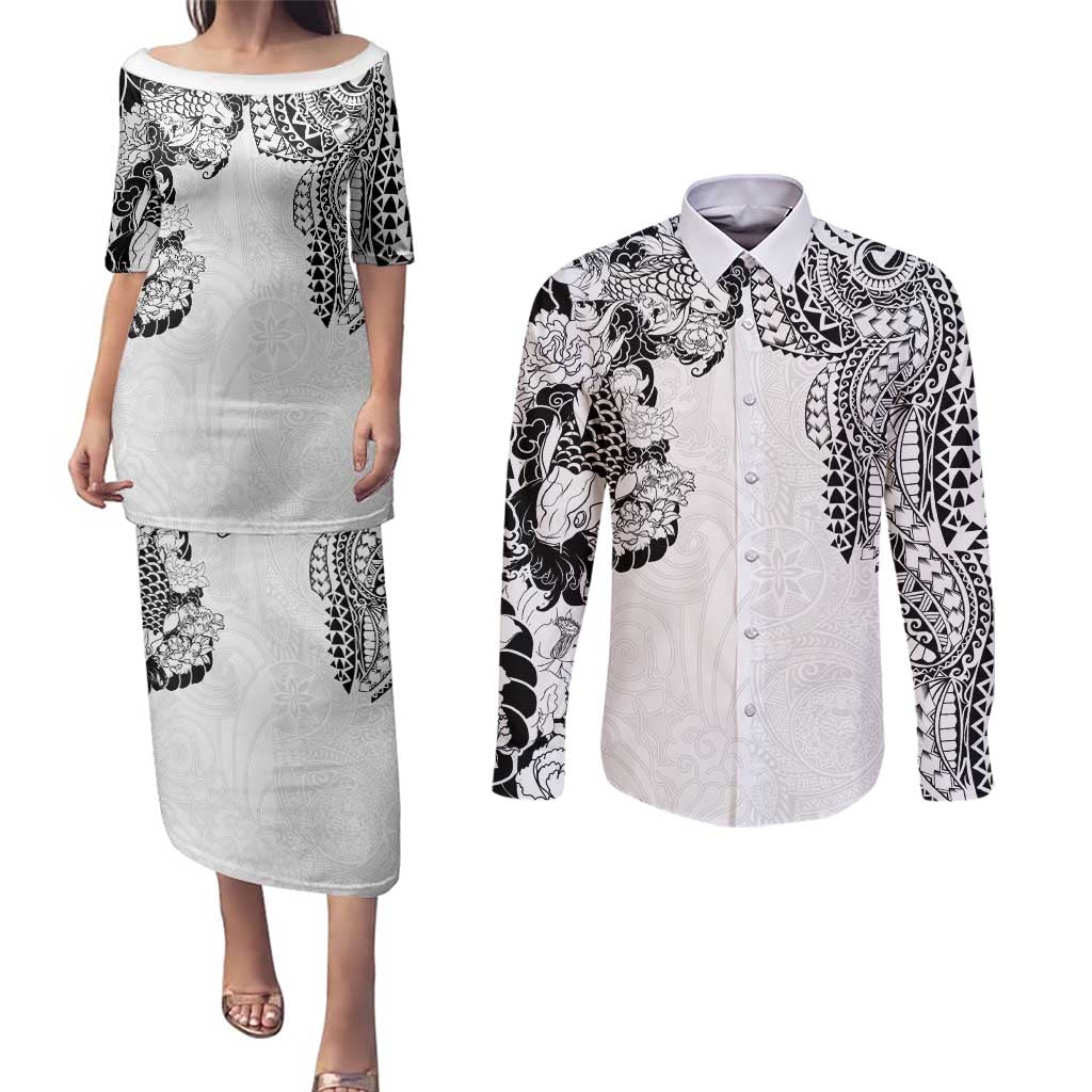 Japanese Irezumi and Hawaiian Polynesian Art Tattoo Couples Matching Puletasi and Long Sleeve Button Shirt White Color - Polynesian Pride