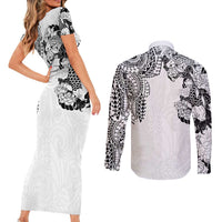 Japanese Irezumi and Hawaiian Polynesian Art Tattoo Couples Matching Short Sleeve Bodycon Dress and Long Sleeve Button Shirt White Color - Polynesian Pride