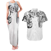 Japanese Irezumi and Hawaiian Polynesian Art Tattoo Couples Matching Tank Maxi Dress and Hawaiian Shirt White Color - Polynesian Pride