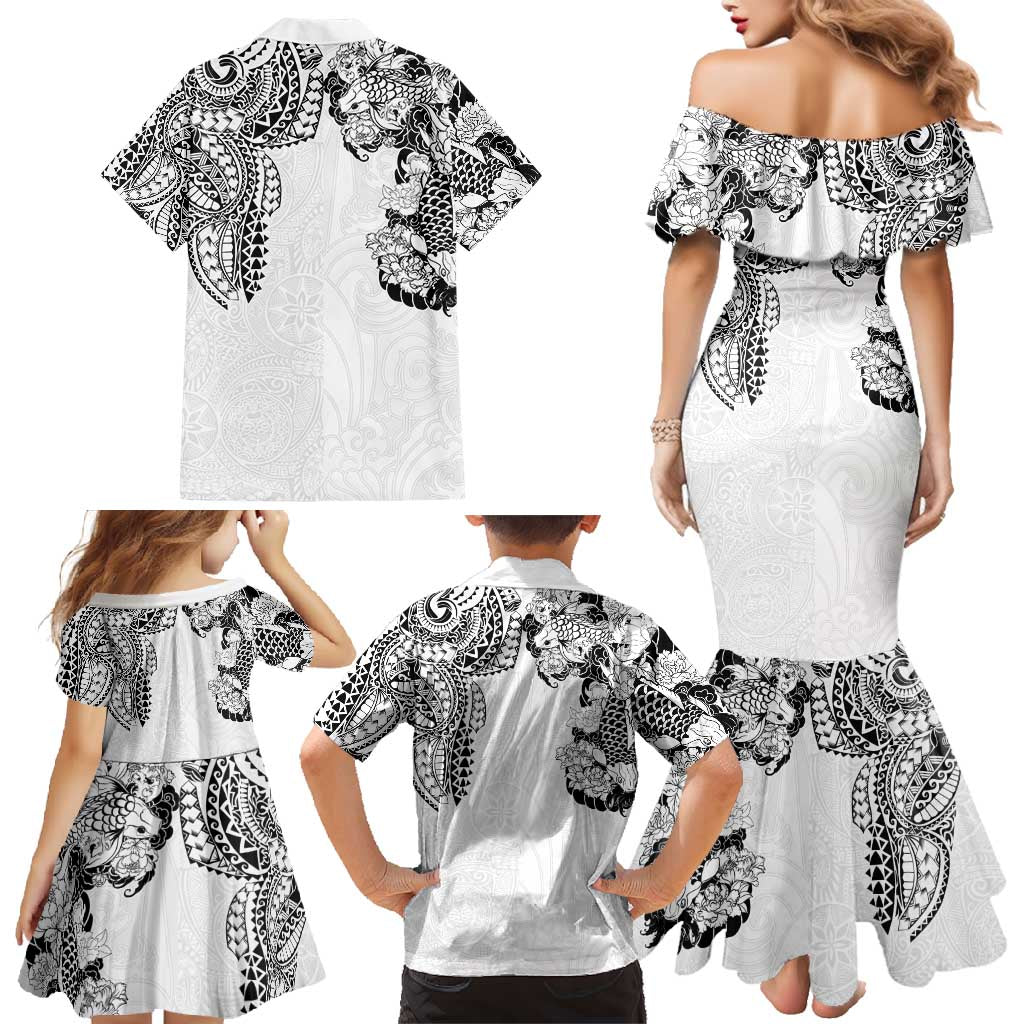 Japanese Irezumi and Hawaiian Polynesian Art Tattoo Family Matching Mermaid Dress and Hawaiian Shirt White Color - Polynesian Pride