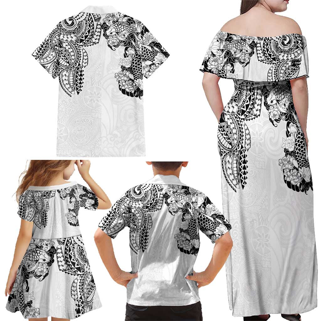 Japanese Irezumi and Hawaiian Polynesian Art Tattoo Family Matching Off Shoulder Maxi Dress and Hawaiian Shirt White Color - Polynesian Pride