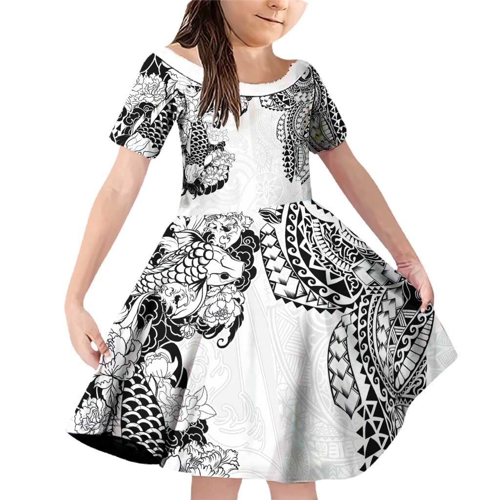 Japanese Irezumi and Hawaiian Polynesian Art Tattoo Family Matching Off Shoulder Short Dress and Hawaiian Shirt White Color - Polynesian Pride