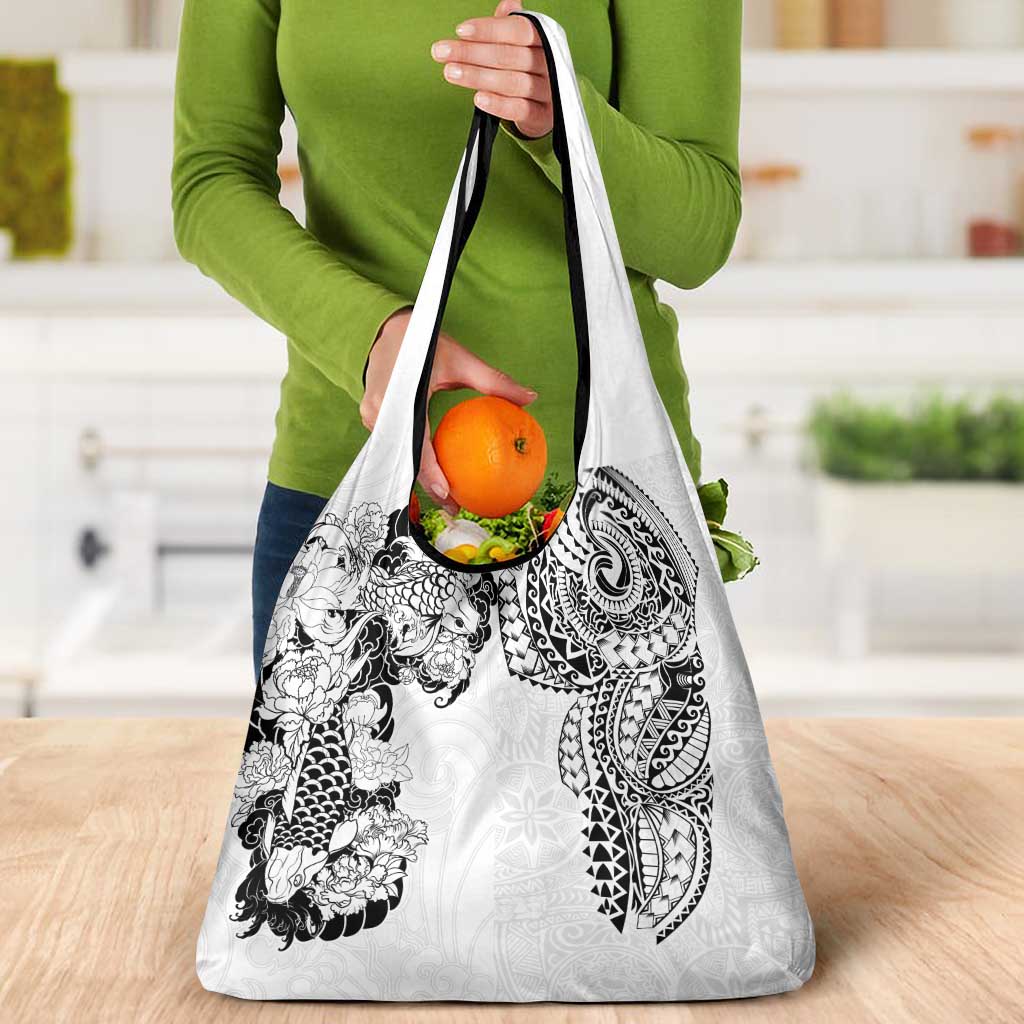 Japanese Irezumi and Hawaiian Polynesian Art Tattoo Grocery Bag White Color - Polynesian Pride