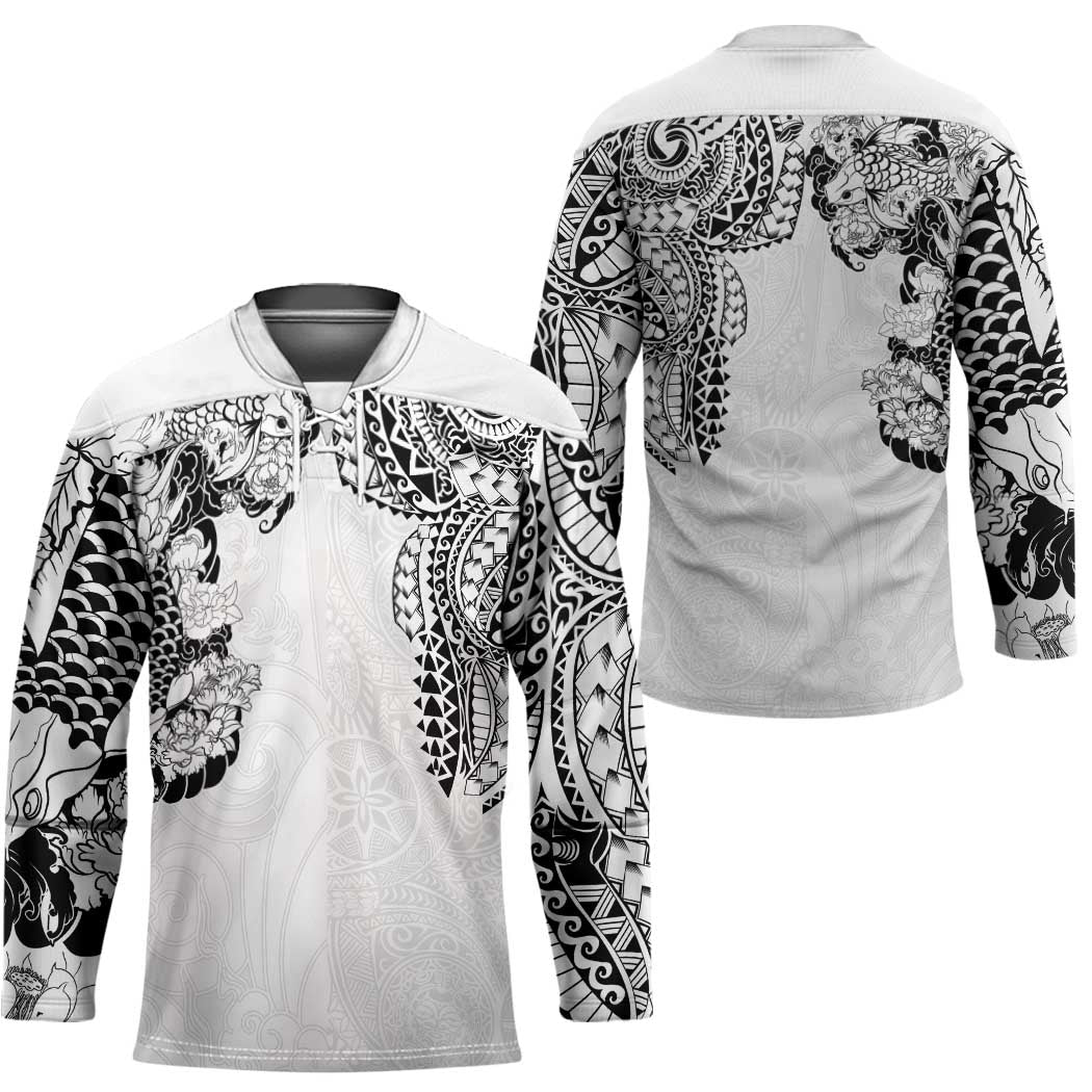 Japanese Irezumi and Hawaiian Polynesian Art Tattoo Hockey Jersey White Color - Polynesian Pride