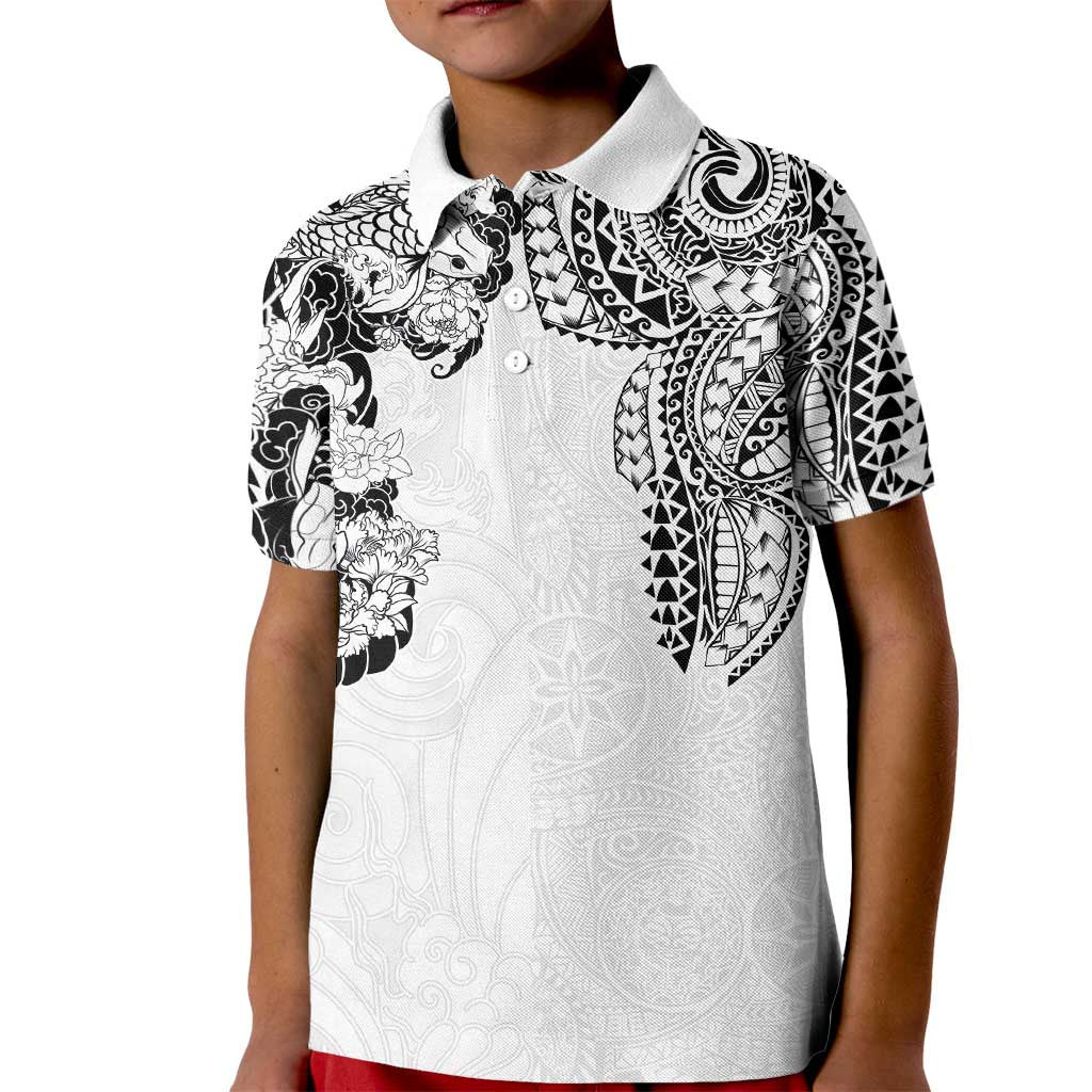 Japanese Irezumi and Hawaiian Polynesian Art Tattoo Kid Polo Shirt White Color - Polynesian Pride