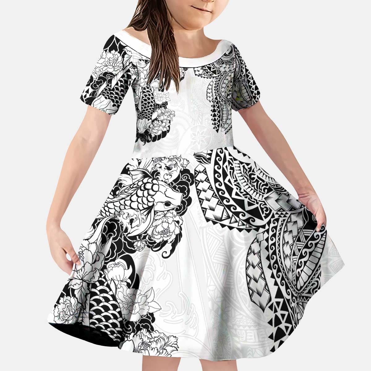 Japanese Irezumi and Hawaiian Polynesian Art Tattoo Kid Short Sleeve Dress White Color - Polynesian Pride