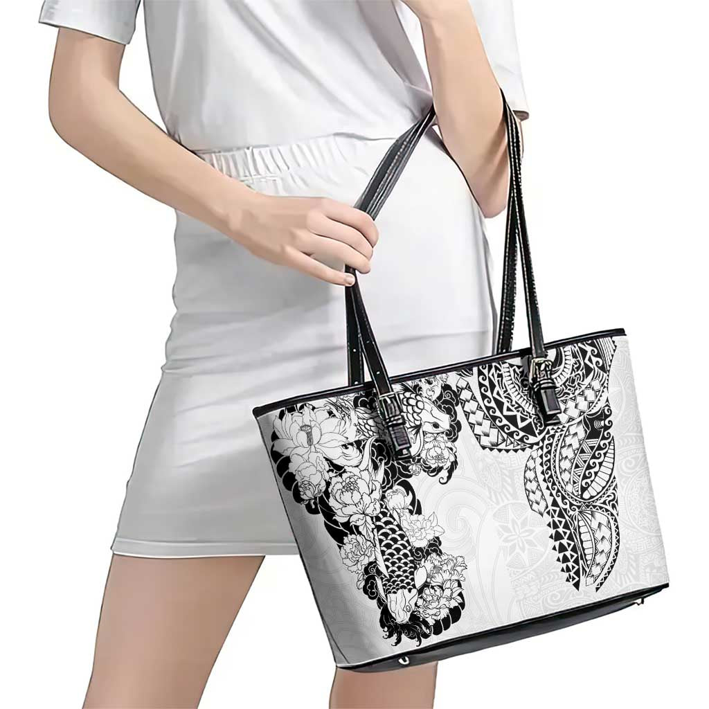 Japanese Irezumi and Hawaiian Polynesian Art Tattoo Leather Tote Bag White Color - Polynesian Pride